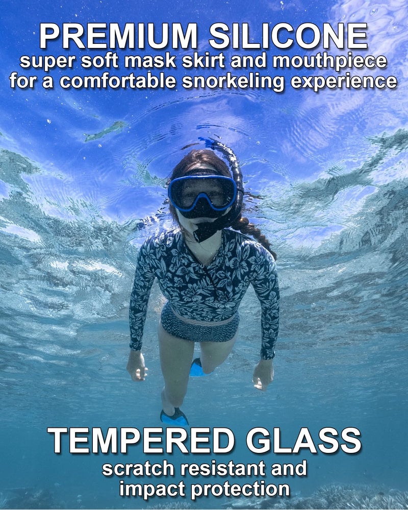 Reef Tourer RC0105 Adult Single-Window Mask & Snorkel Set, Semi-Dry Top, Purge Valve, Panoramic Wide View Tempered Glass Lens, Snorkeling Gear for Ages 10+ with Reusable Mesh Bag, Black/Metallic Blue - Image 5